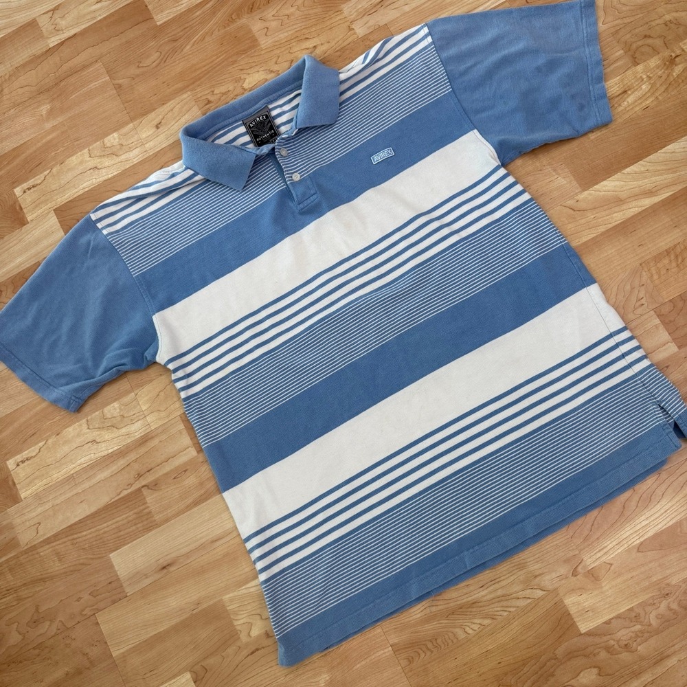 Avirex Authentic Mens‎ XXL Blue White Striped Pique Polo Shirt Short Sleeve
